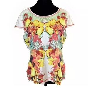 Karen Millen Sz 10 Vibrant Floral Top Cap Sleeves Multicolored Preppy Dainty EUC